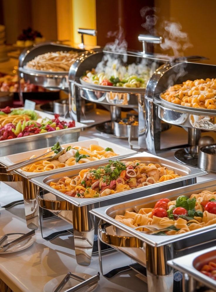 Buffet com réchauds, massas e legumes à mesa