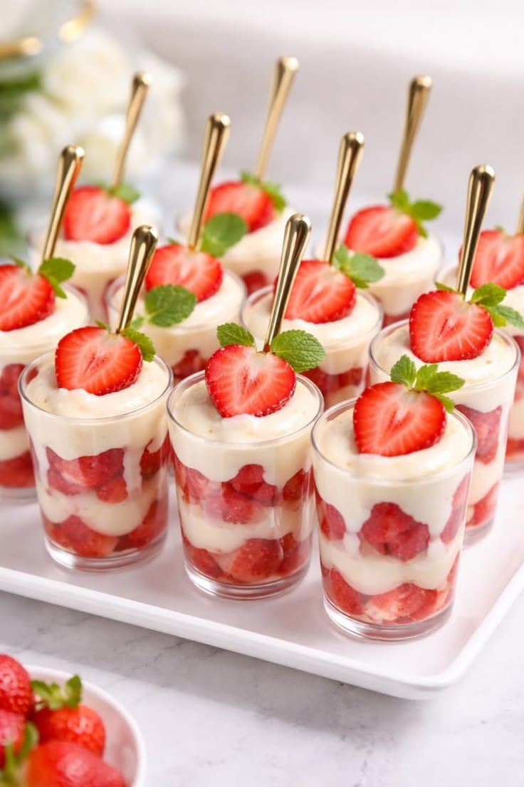Sobremesas em copinhos com morangos e creme